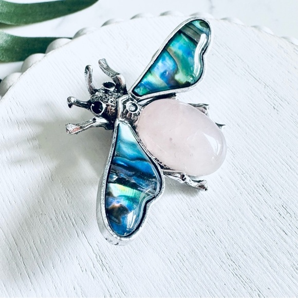 2/$30🌵 Bumble Bee Pin Iridescent Abalone Metal Bug Brooch Pin Necklace Pendant - Picture 3 of 9